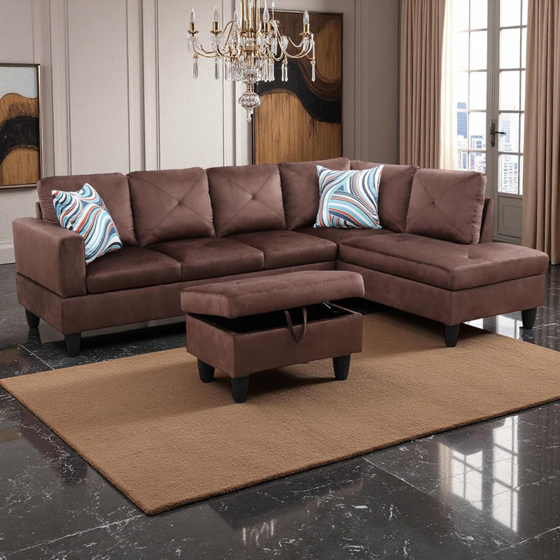 3-Piece Microfiber Sectional Sofa, Right Hand Facing, Brown Microfiber