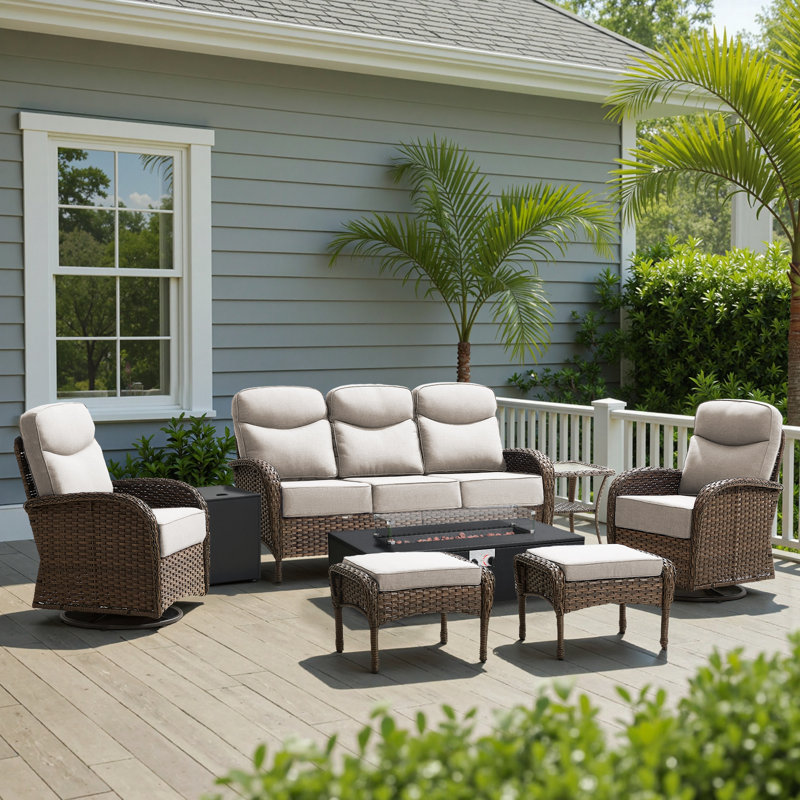 7-Piece Outdoor Wicker Courtyard Fire Pit Conversation Set With Sofa, Swivel Chairs And Ottomans, Beige