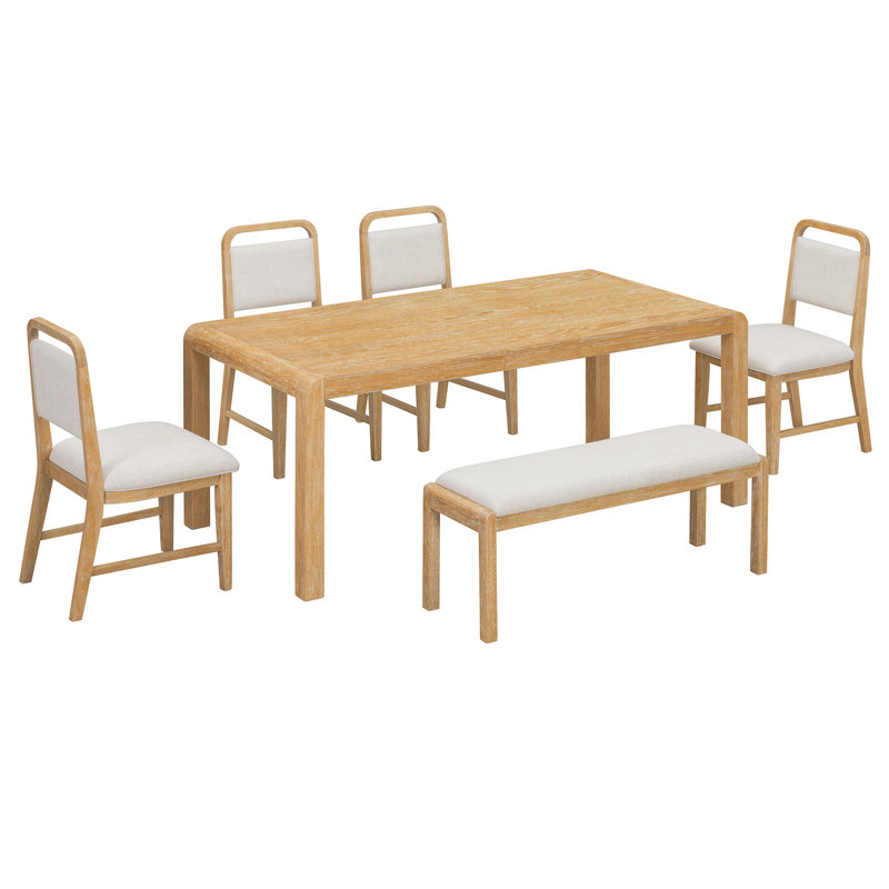 [Vidéo fournie] Ensemble de table de salle à manger extensible vintage pour 4 à 6 personnes avec 4 chaises rembourrées et 1 banc