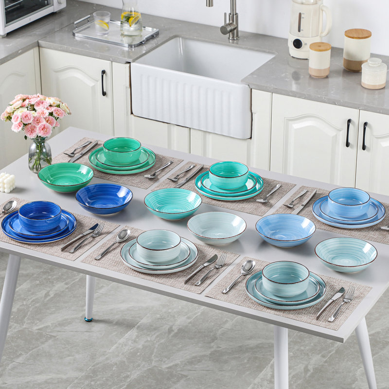 Piece Stoneware Dinnerware Set - Service for 6, Blue/Teal/Grey