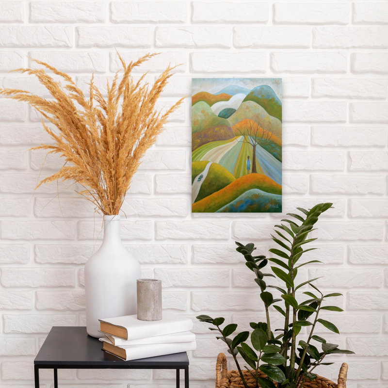 «A Girl's Autumn Journey», art mural coloré, paysage rustique paisible, H 18 po x l 12 po