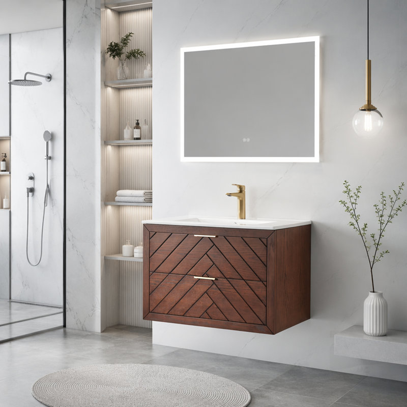 Meuble-lavabo flottant mural pré-assemblé avec plateau en céramique à 1 trou et tiroirs profonds pour un rangement efficace