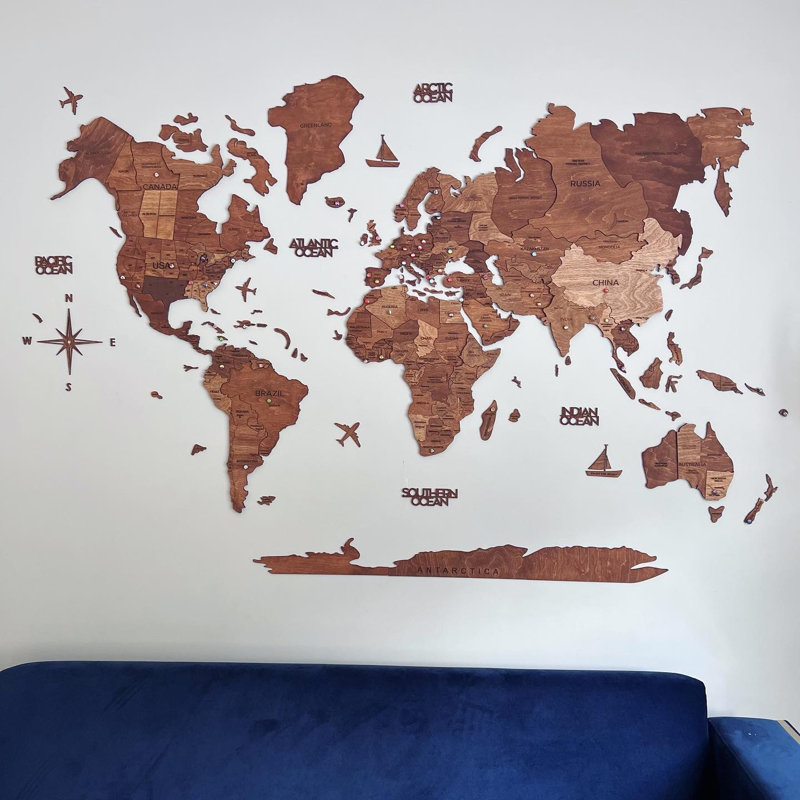 Carte du monde en bois 3D chêne, H 24 po x l 39 po x P 0,47 po