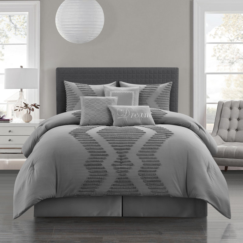 Ensemble d'édredon touffeté 7 pièces Clemence, gris, Édredon de grande taille et 6 pièces supplément