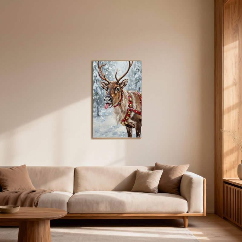 Animals Reindeer In Winter Snow With Bells, 30" H x 20" W