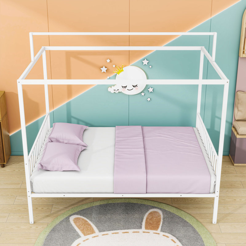 Metal Bed Frame With Fence, Full, White