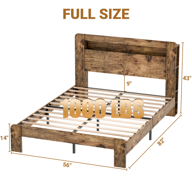 Rustic Wooden Platform Bed With Charging Station, LED Lights, And Storage Shelves – Full, Queen, And King Sizes, Full