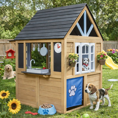 Classic Solid Wood Outdoor Playhouse With Pretend Kitchen Sink, Pet Door, Double Side Bench