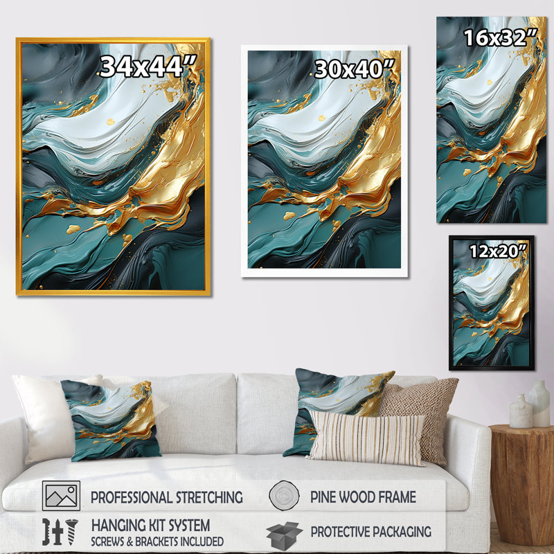 Or et vert cascade de marbre blanc IV - art mural abstrait, Cadre flottant noir, H 60 po x l 28 po x P 1,5 po