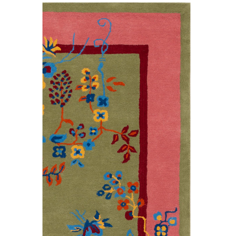 Tapis vert / rose en laine / coton touffeté à la main Anticur, Rectangle 8 po x 10 po