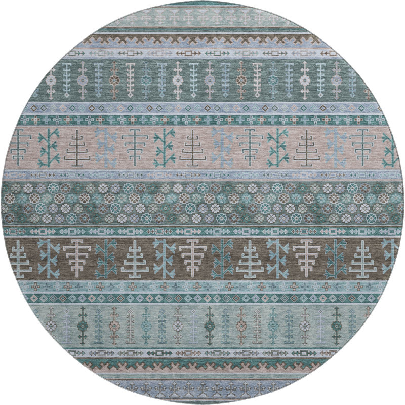 Premium Machine Washable Mayfield AMF2160 Striped Rug, Round 8', Emerald