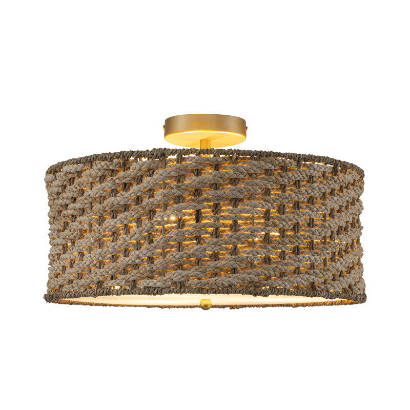 Tierra 3-Light Woven Semi Flush Mount Natural Rattan Ceiling Light In Brass 18Inch Wide
