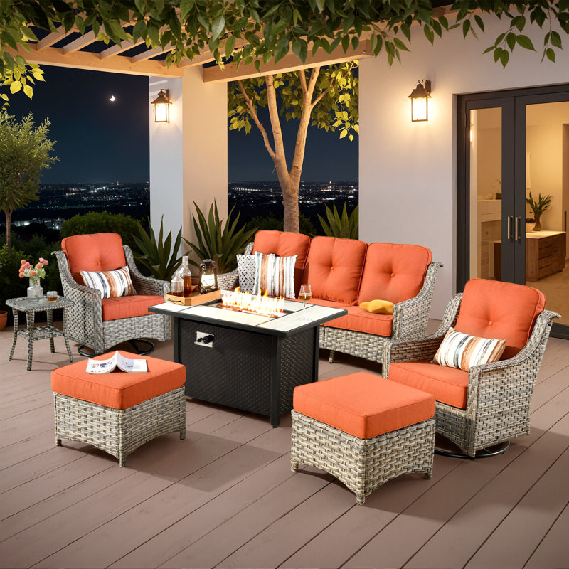Harper Outdoor 7 Piece Patio Furniture With Fire Pit Table,wicker Conversation Set With Swivel Chairs, Comfy Deep Sofa With Ottoman For Outside Porch Balcony Backyard Pool