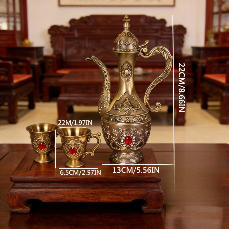 Service à thé vintage rétro avec 6 tasses et plateau de service, ensemble de cafetière en alliage de zinc avec relief exquis, service à thé rétro décoratif pour la décoration intérieure et les fêtes