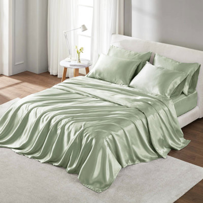 Ensemble de draps 4 pièces en satin de luxe sauge - froissé, lisse et soyeux, sans produits chimiques, comprend des taies d'oreiller douces pour les cheveux