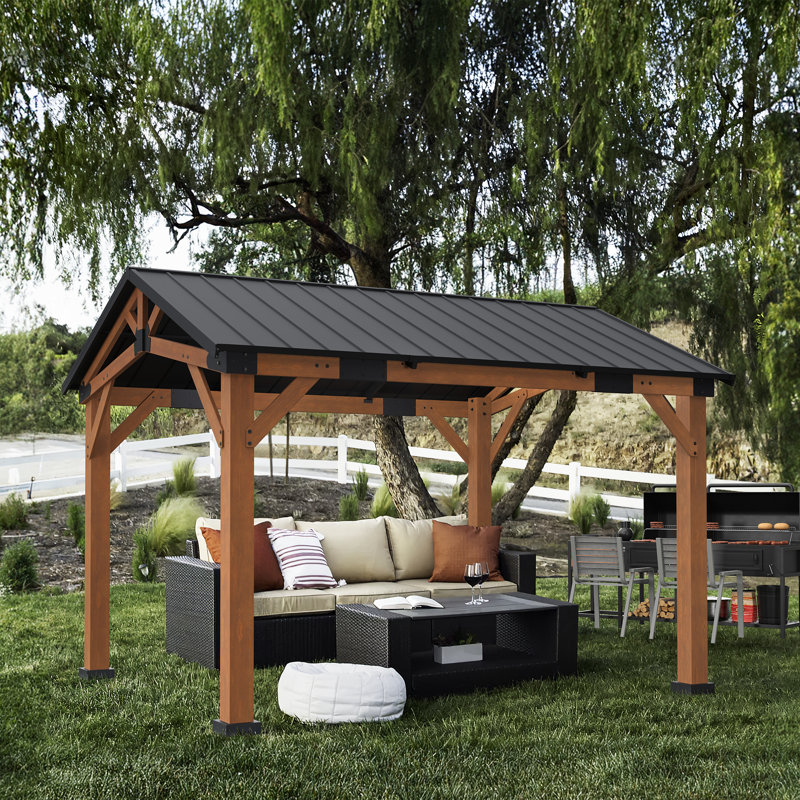 12' X 10' Outdoor Metal Roof Gazebo With Wooden Frame, Hardtop Gazebo,  Resistant Sloping Steel Roof, Light Brown