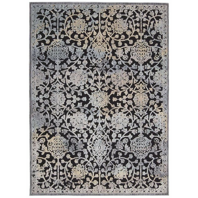 Tapis de zone noir floral Genowefa, Rectangle 7 pi 9 po x 9 pi 9 po