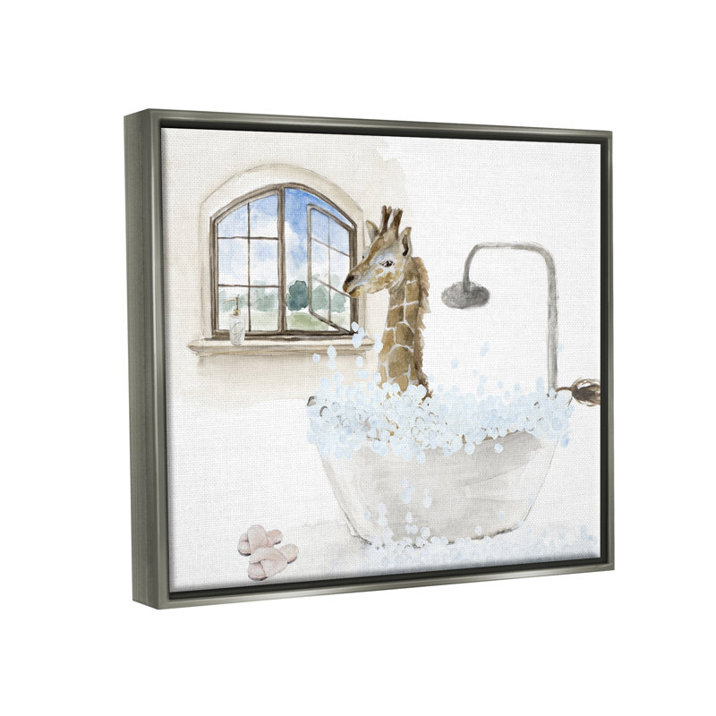 Girafe, bain moussant, scène - impression, H 25 po x l 31 po x P 1,7 po, Cadre flottant gris lustré