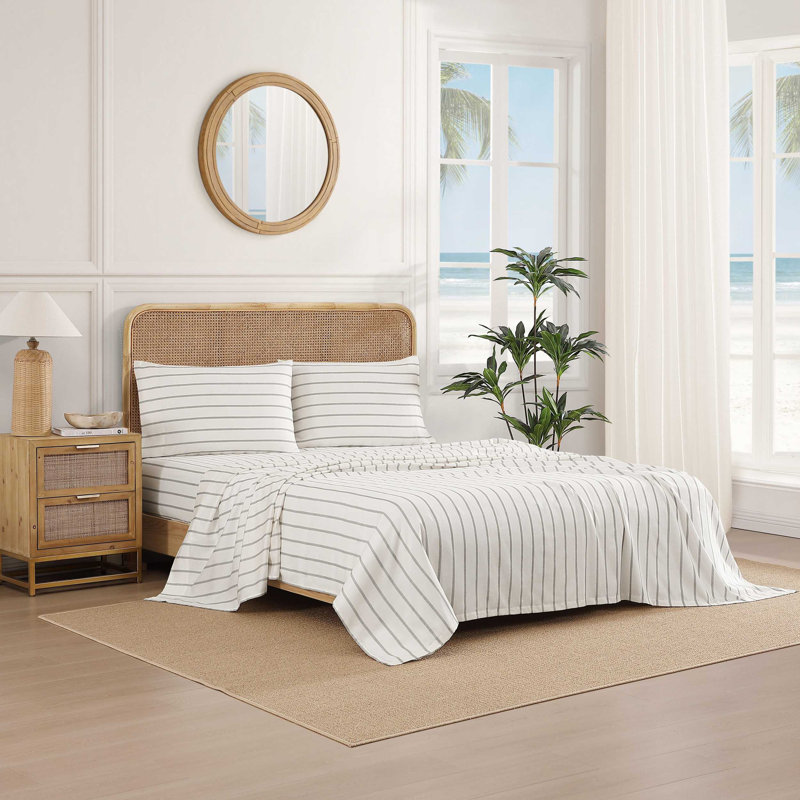 Tommy Bahama La Vida Stripe Cotton Sheet Set, King Sheet Set with 2 Pillowcases, Beige Palm Leaf