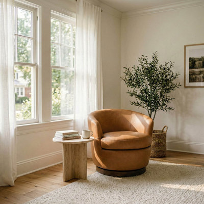 Fauteuil d'appoint pivotant en cuir véritable italien avec base en bois