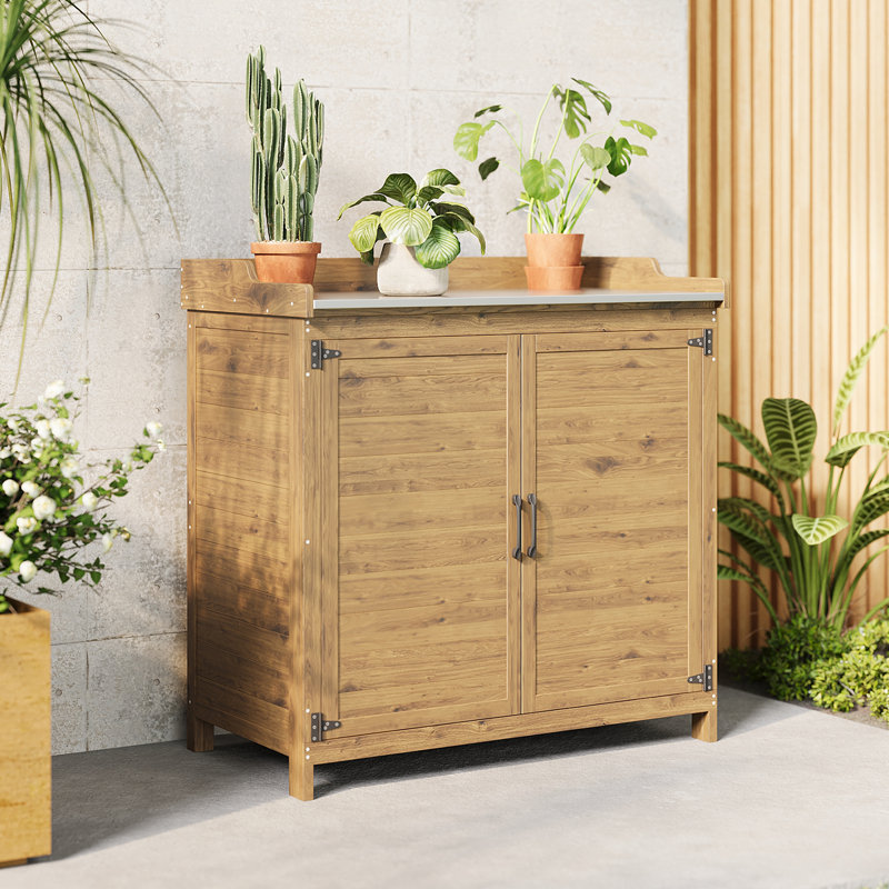 Banc de rempotage en bois avec armoire de rangement et plateau en métal pour cour ou jardin, Brun
