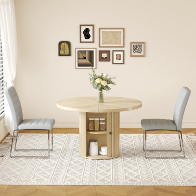 PU Padded Dining Chair Set With 47.2 In Round Roman Column Table, Storage Included, Suitable For Restaurants/Wooden Color