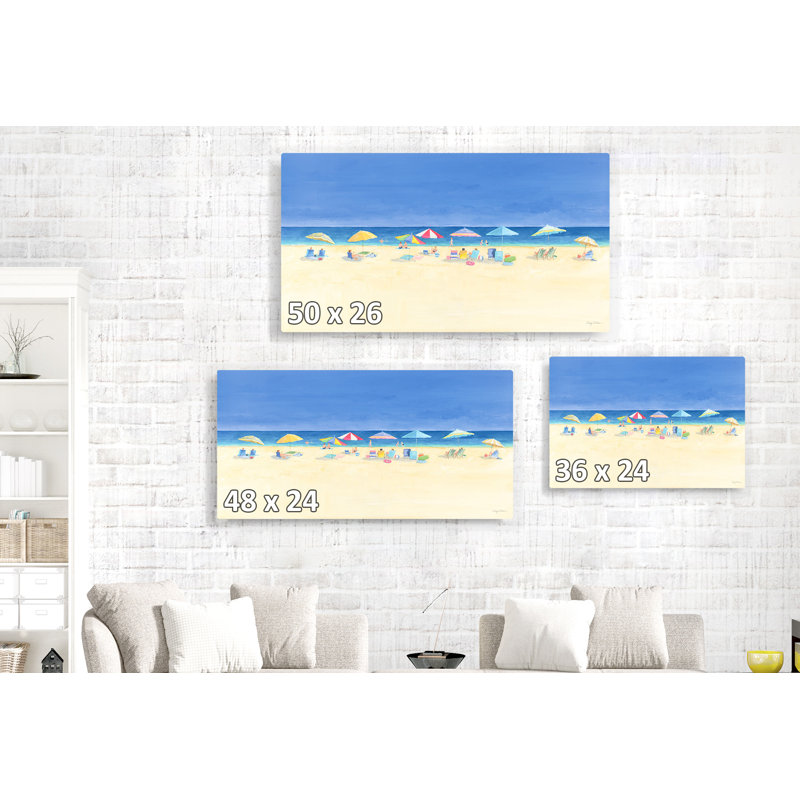 Day At The Beach, Painted, Vintage, Umbellas, Blue, Ocean, Sans, Tan, Yellow, Red, 24" H x 48" W x 1.5" D