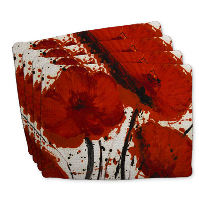 Braided Polyester Placemats - Abstract Red Flowers Set of 4
