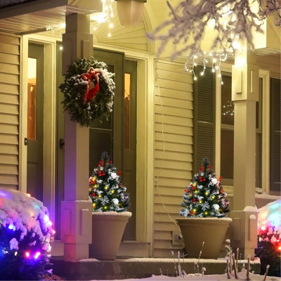 Arbre de Noël artificiel pré-éclairé 2,5 pi avec 2 branches 2,5 pi / 30 po, 70 lumières DEL blanc chaud, baies rouges, pommes de pin, boules, vert