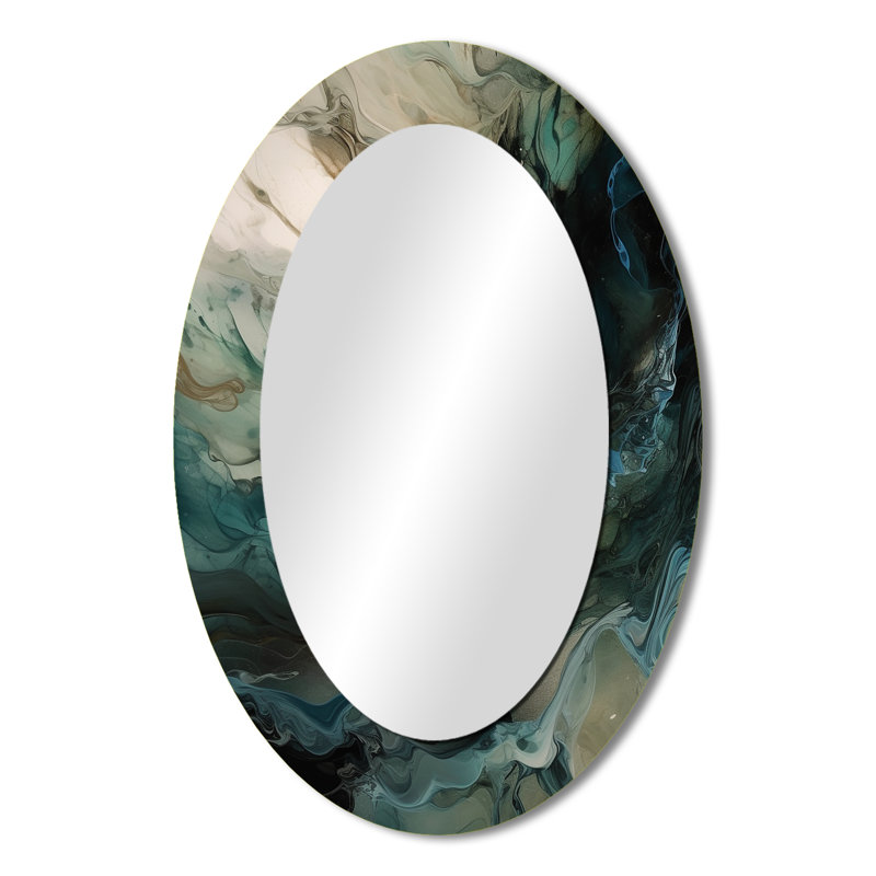 Green Black Inner Worlds Of Marble I - Abstract Oval Decorative Mirror On Metal, 36" x 24"