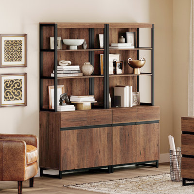 Home Office Furniture Set: 59" Modern Executive Desk With Charging Station & Storage Cabinet + 72" Tall Bookcases, Wood Computer Desk & Library Storage Shelf Cabinet For Work Study, Brown