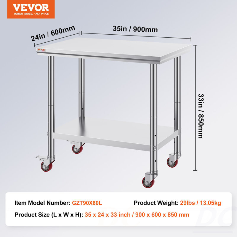 Table de travail en acier inoxydable 36 x 24 pouces avec 4 roues Table de préparation commerciale avec roulettes Table de travail robuste pour restaurant de cuisine commerciale, table