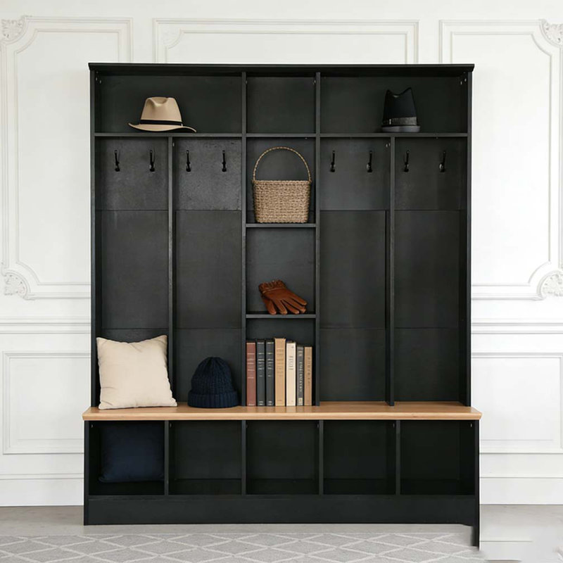 Wide Design Hall Tree with Storage Bench, Minimalist Shoe Cabinet with Cube Storage & Shelves, Black
