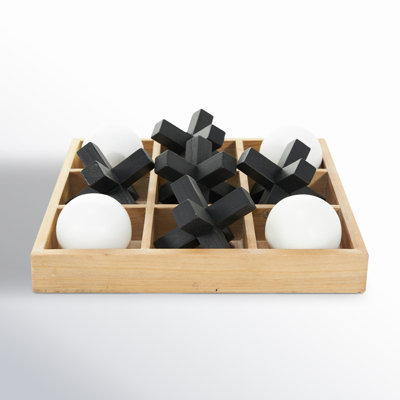 Wood Dimensional Tic Tac Toe Decor Brown Game Set with 3D Black and White Game Pieces