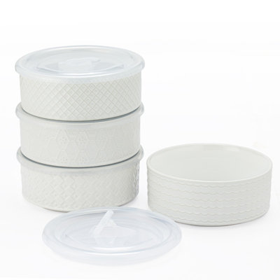 4PC 6" STORAGE JAR WHITE EMBOSSED