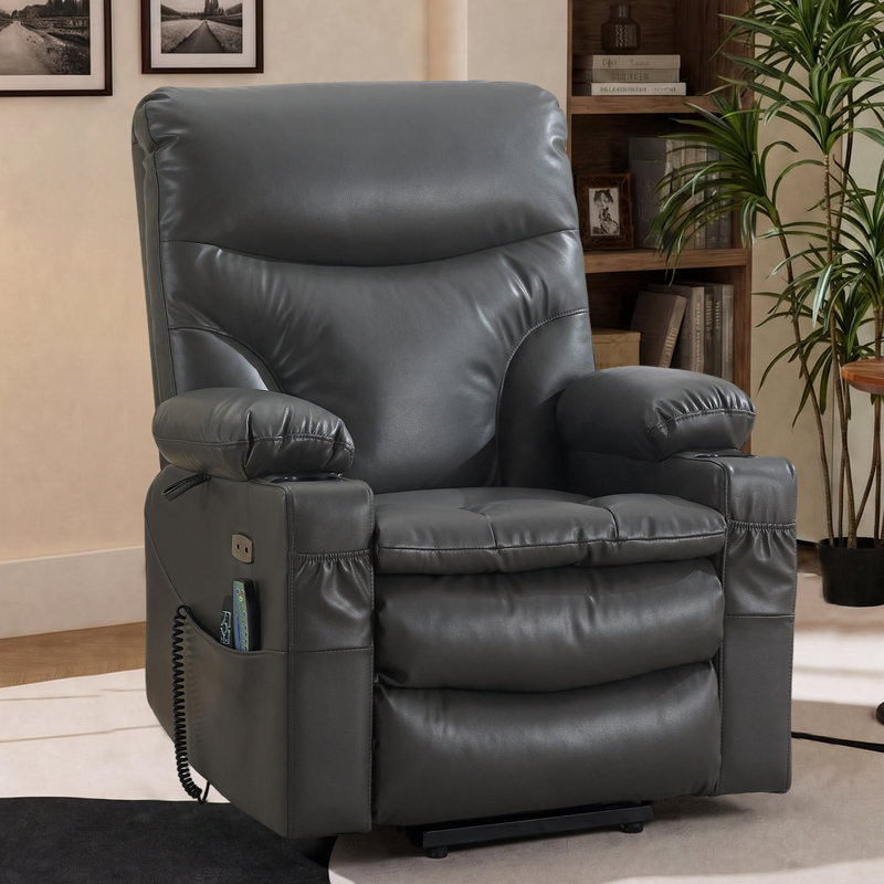Fauteuil inclinable électrique de 95 cm de large avec fonction chauffage et massage, port USB et porte-gobelets, Gris