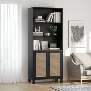 Tall Bookcase With Rattan Doors,5 Tier Storage Wood Shelves Large Bookshelf For Library Living Room Bedroom Home Office