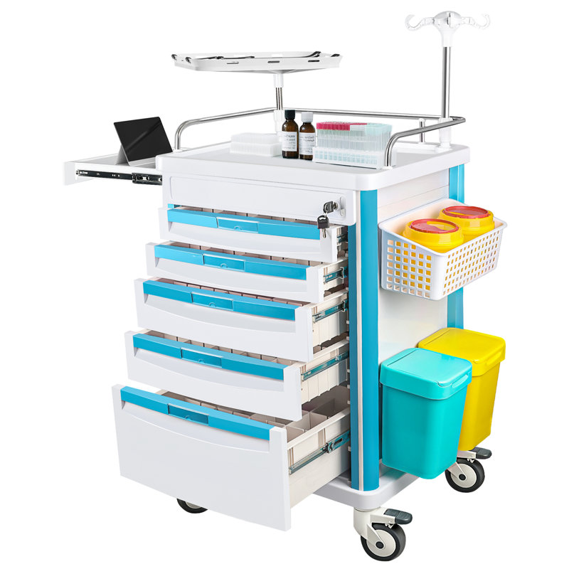 Chariot roulant médical avec planche de RCR, support pour intraveineuse, support à O2, 5 tiroirs et séparateurs, chariot mobile d'urgence pour hôpital, l 24,4 po x P 18,5 po x H 36,2 po (avec 5 tiroirs)