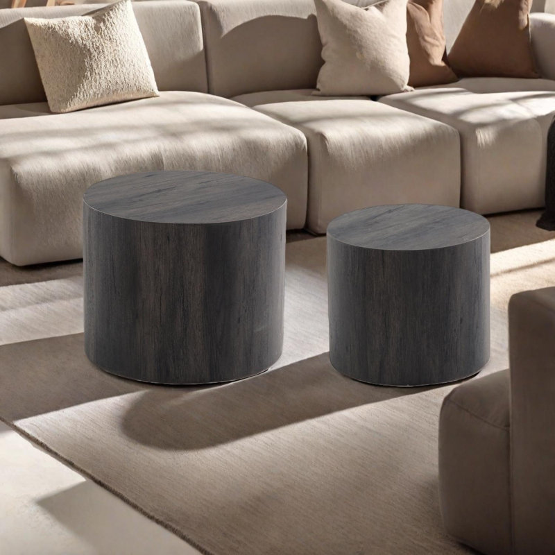 Ensemble de 2 tables basses gigognes rondes, tables d'appoint tambour modernes en bois pour la chambre à coucher du salon