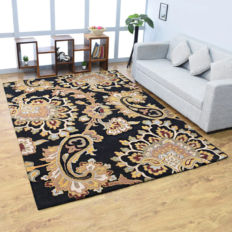 Tapis écologiques en laine touffetés à la main Akain - Rectangle, noir anthracite, motif floral moderne, tapis antidérapants faits à la main épais pour salon, chambre à coucher