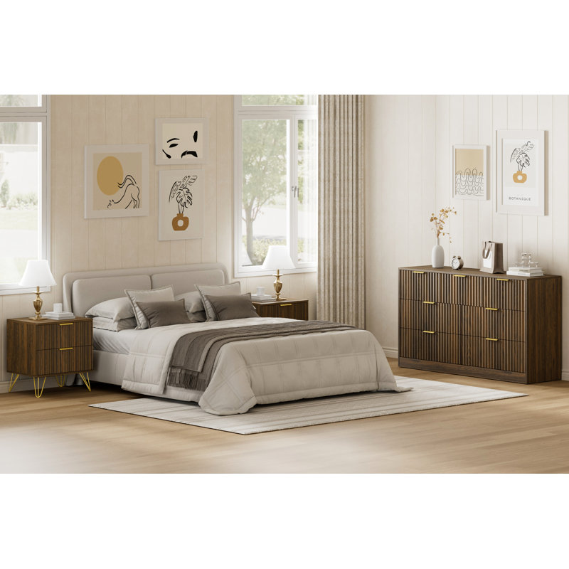 Ensemble de commode et table de chevet 3 pièces pour chambre à coucher, commode cannelée 7 tiroirs de 55 po, Noyer