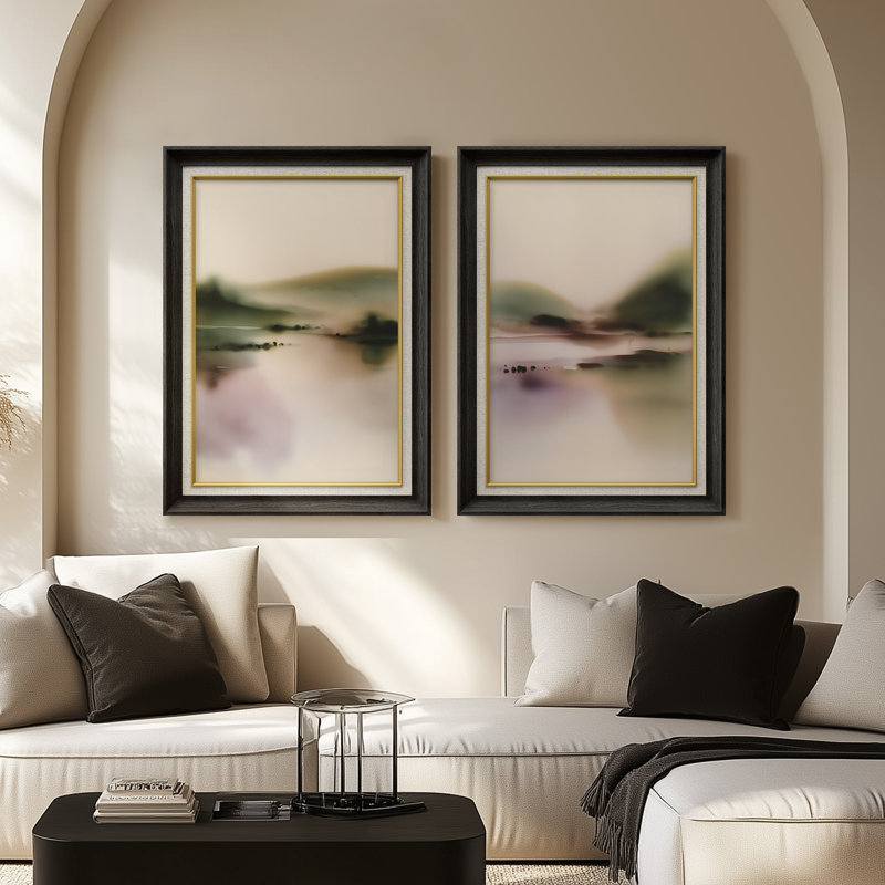 Soft Minimalist Misty Landscape Art – Set of 2 Premium Framed Wall Art Print on Paper 26"x36", Black