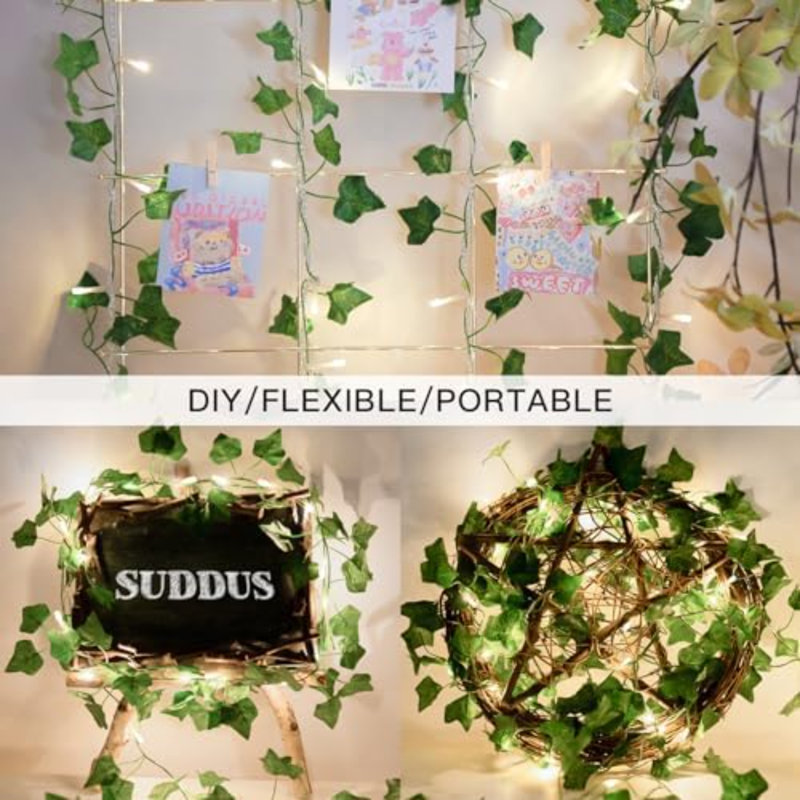 Vigne avec guirlandes lumineuses enfichables, guirlande de 100 lumières lierre à DEL de 33 pi pouvant être connectées à une télécommande, lampe pour chambre à coucher, chambre, mur, jardin, fête, dortoir de mariage (blanc chaud)