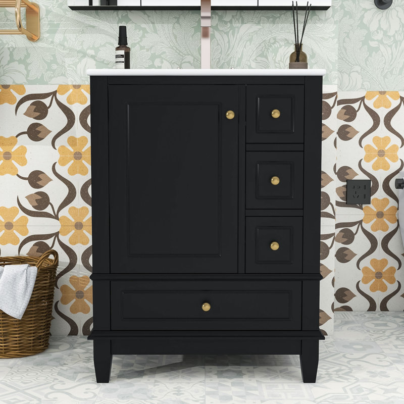 Meuble-lavabo en bois avec lavabo, tiroirs de rangement et tablettes de porte internes en bois, Noir