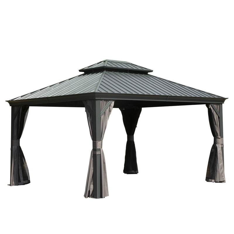 10' X 12' Hardtop Gazebo Outdoor Metal Gazebo With Galvanized Steel Double Roof Canopy, Aluminum Frame, Curtains And Netting For Patio, Deck, Garden, Grey
