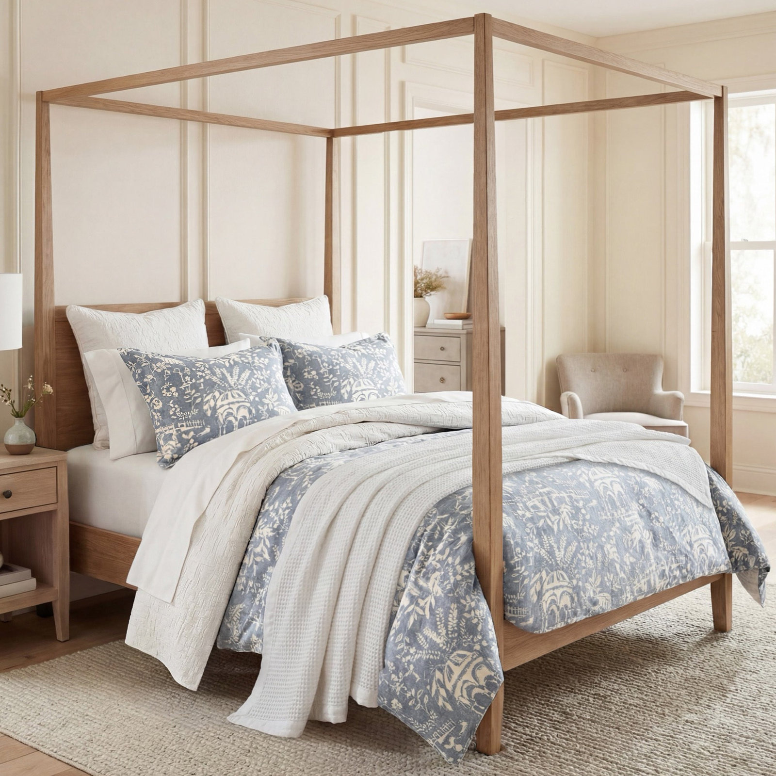 Genoa Washed Linen Blend, European Botanical Garden Pavillion Print, Updated Classics Duvet Cover Set, Vintage Blue, Queen