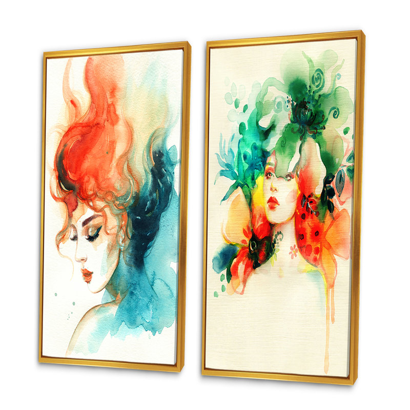 Fashion Model with Vivid Make up V - Ensemble de 2 peintures sur toiles, H 40 po x l 40 po x P 1 po, Cadre flottant doré