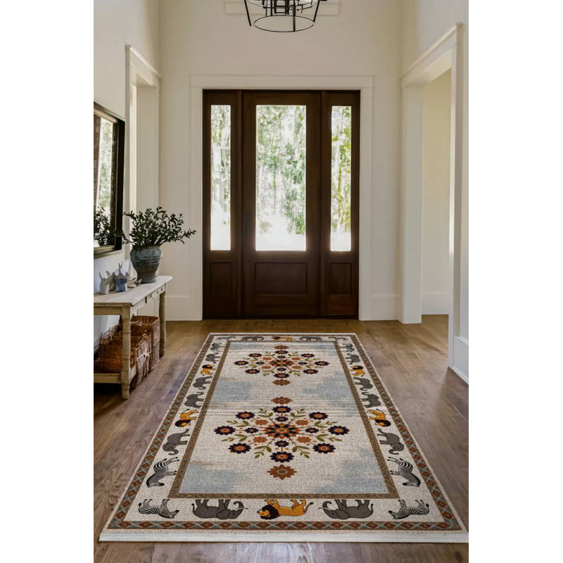 Minna Collection Digital Print Cotton-Polyester Beige Colorful Animal Print Rug, Runner 3'4" x 11'6"