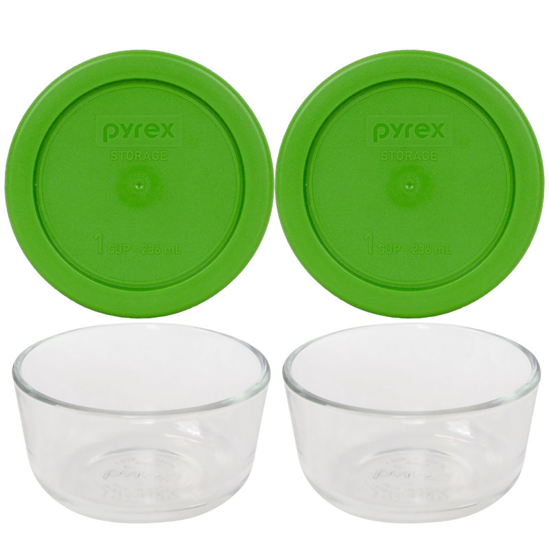 Pyrex (2) bols en verre 1 tasse et 2 (2) couvercles en verre, Vert gazon