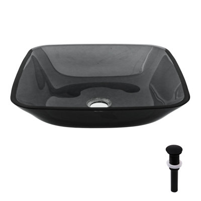 Lavabo vasque carré gris au-dessus du comptoir en verre trempé, bonde escamotable pour le scellage, 16 x 16 x 4,18 pouces, comptoir de salle de bain en verre à bords arrondis lisses, gris, utilisation hygiénique, assemblage facile